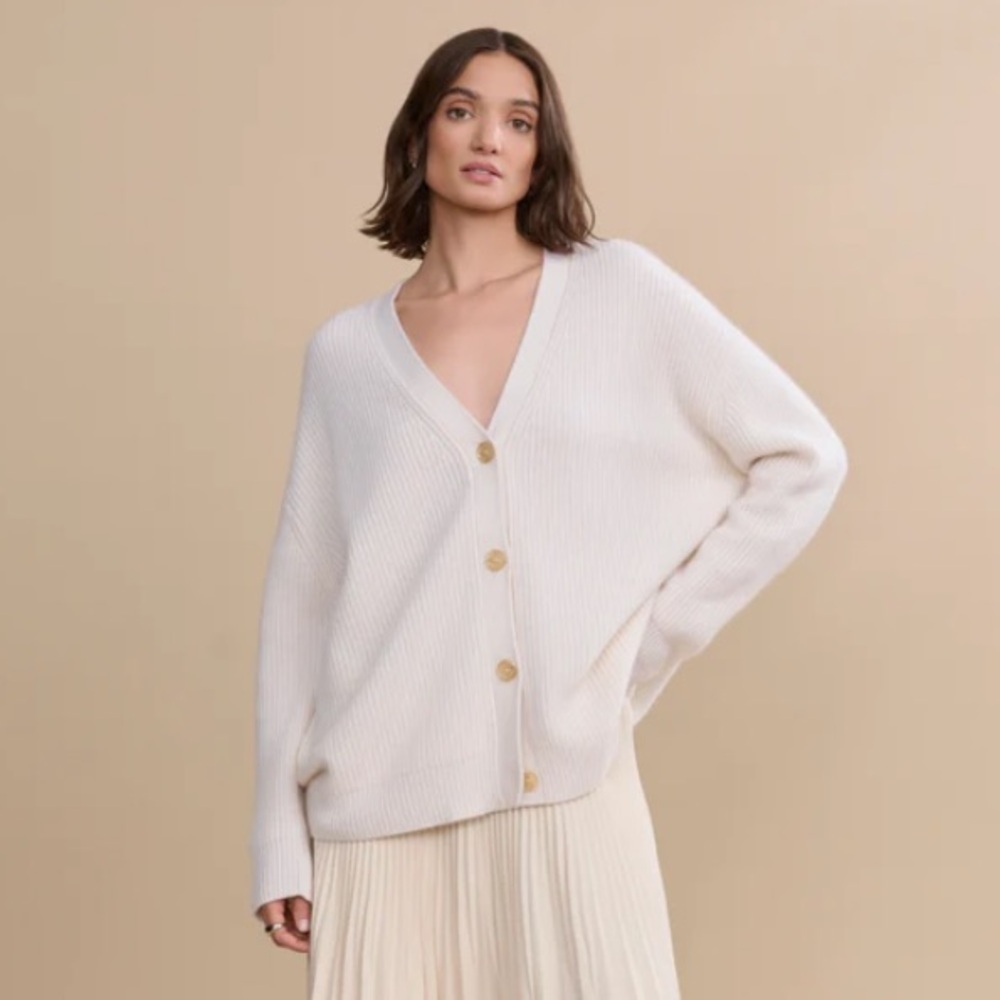 Jenni Kayne Cashmere Cocoon V Neck Oversized Knit Cardigan Sweater Top Ivory